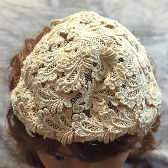 Vintage 1950's Womens Emporium Hat San Francisco New York Rhinestones Cream - Picture 5 of 9